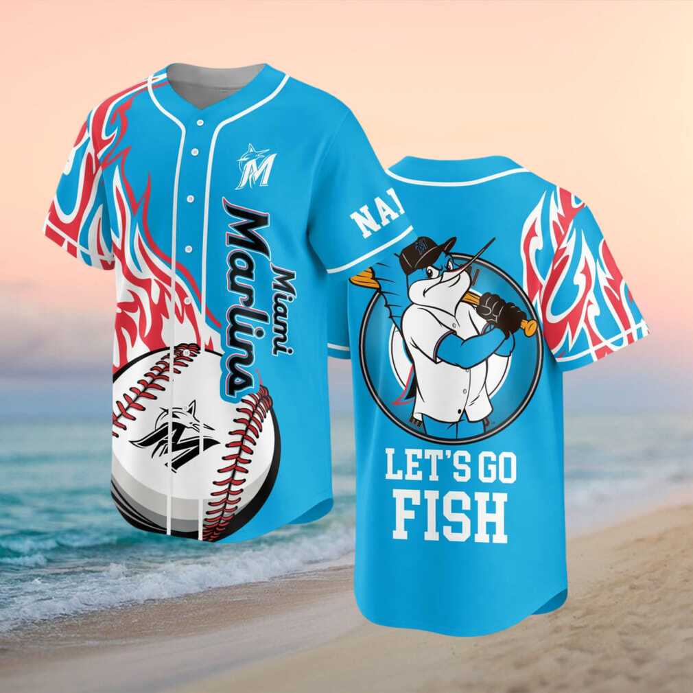Miami Marlins Billy The Marlin Lets Go Fish Custom Flame Baseball Shirt