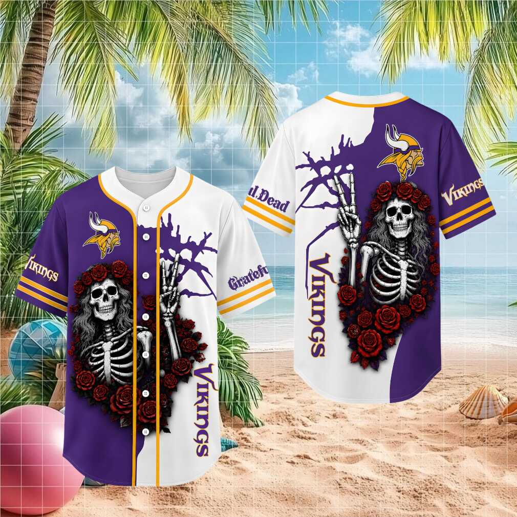 Minnesota Vikings Skeleton Grateful Roses Baseball Shirt - Limotees LLC