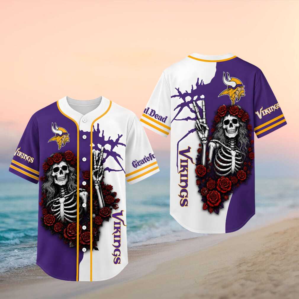 Minnesota Vikings Skeleton Grateful Roses Baseball Shirt - Limotees LLC