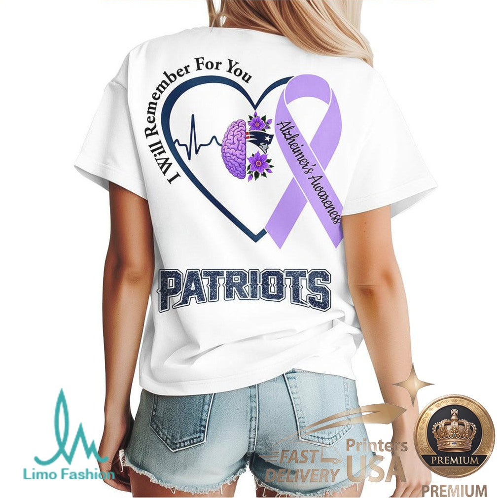 New England Patriots Alzheimer Awareness Heartbeat I Will Remember For You T Shirt - Limotees LLC