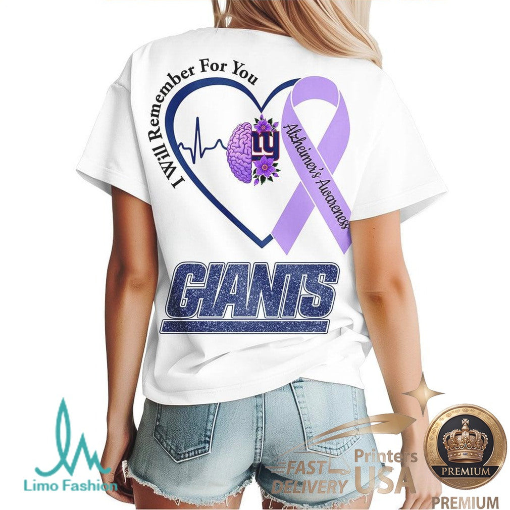 New York Giants Alzheimer Awareness Heartbeat I Will Remember For You T Shirt