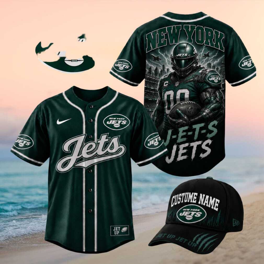New York Jets Armored Pilot Mascot Skyline Graphic Baseball Jersey