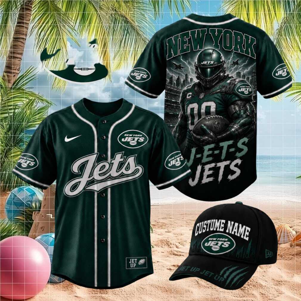 New York Jets Armored Pilot Mascot Skyline Graphic Baseball Jersey
