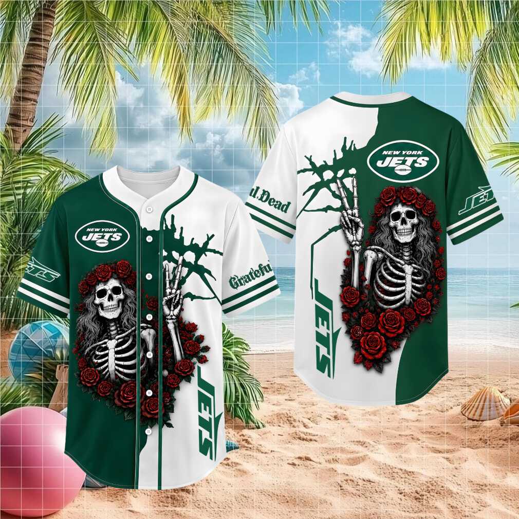 New York Jets Skeleton Grateful Roses Baseball Shirt - Limotees LLC