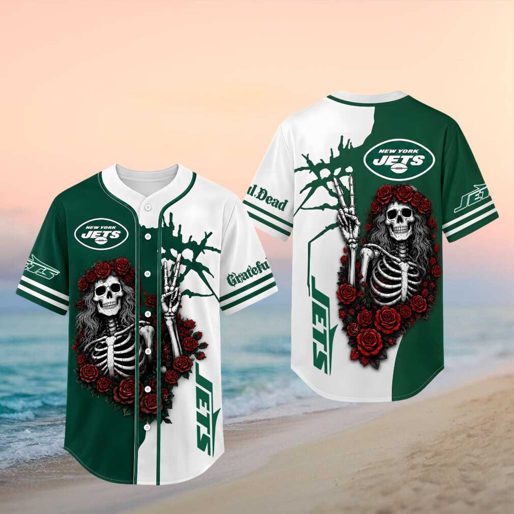 New York Jets Skeleton Grateful Roses Baseball Shirt - Limotees LLC