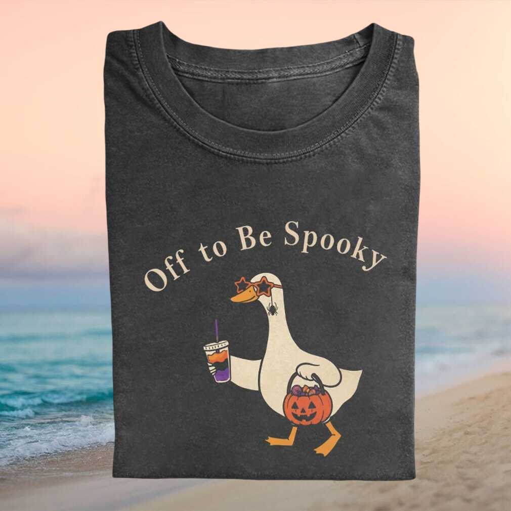 Off To Be Spooky Halloween Duck With Pumpkin Basket Retro Autumn Holiday Kids Shirt