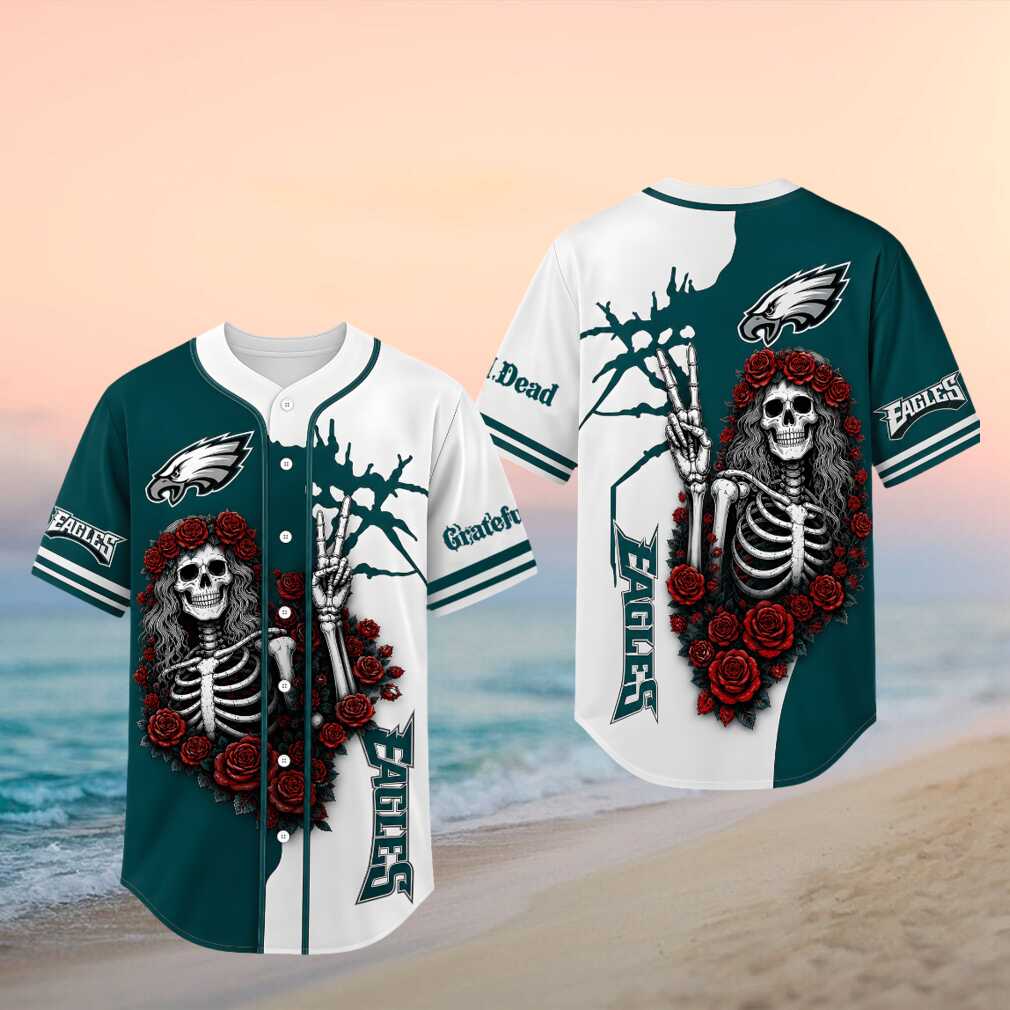 Philadelphia Eagles Grateful Dead Skull Rose Baseball Shirt - Limotees LLC