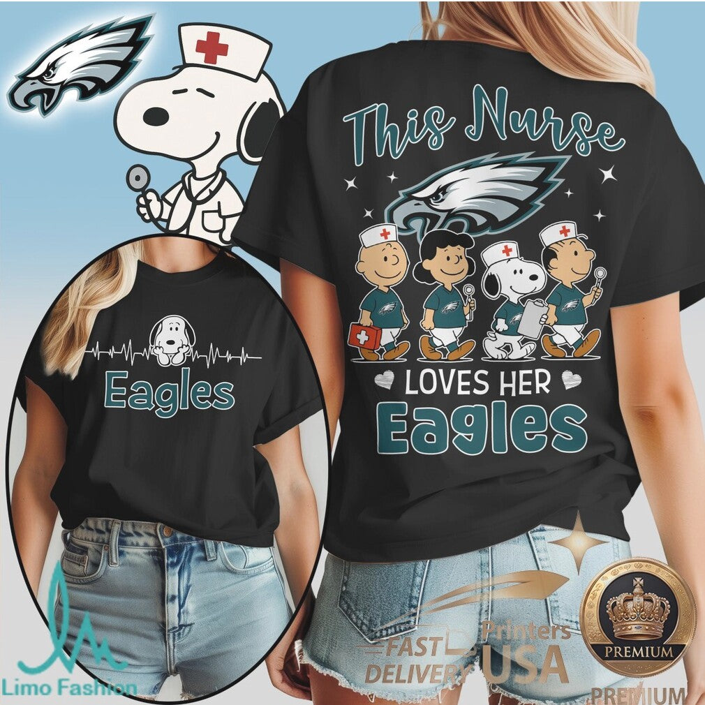 Philadelphia Eagles Nurse Peanuts Character Heartbeat T Shirt - Limotees LLC