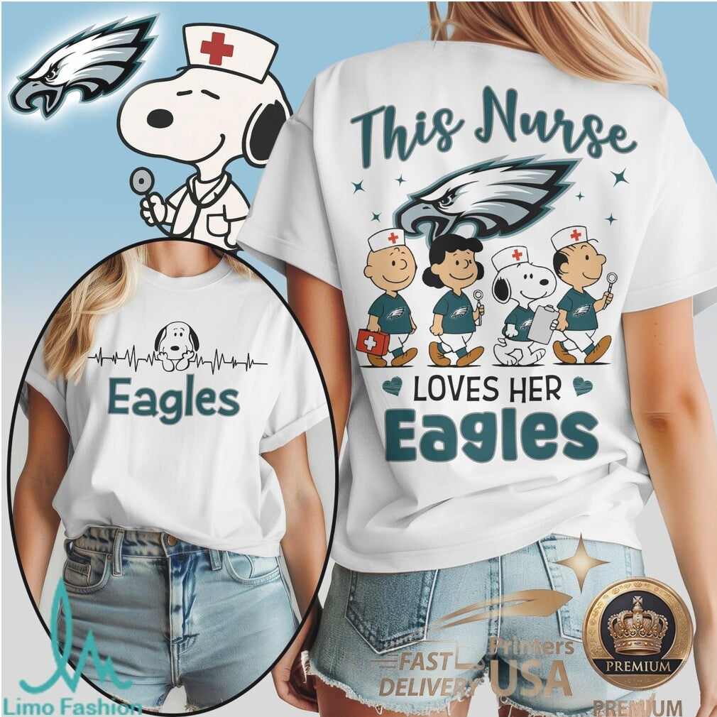 Philadelphia Eagles Nurse Peanuts Character Heartbeat T Shirt - Limotees LLC