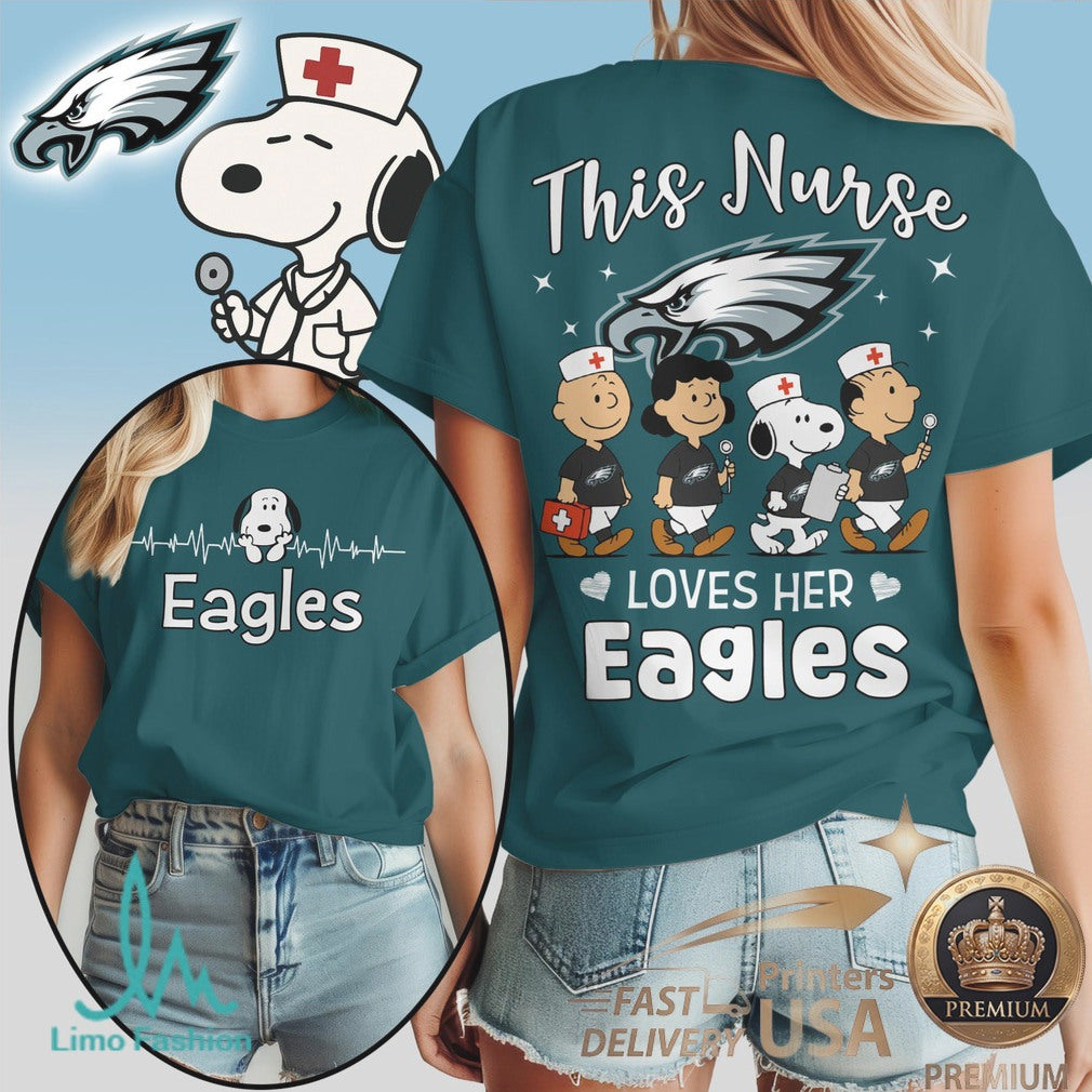 Philadelphia Eagles Nurse Peanuts Character Heartbeat T Shirt - Limotees LLC