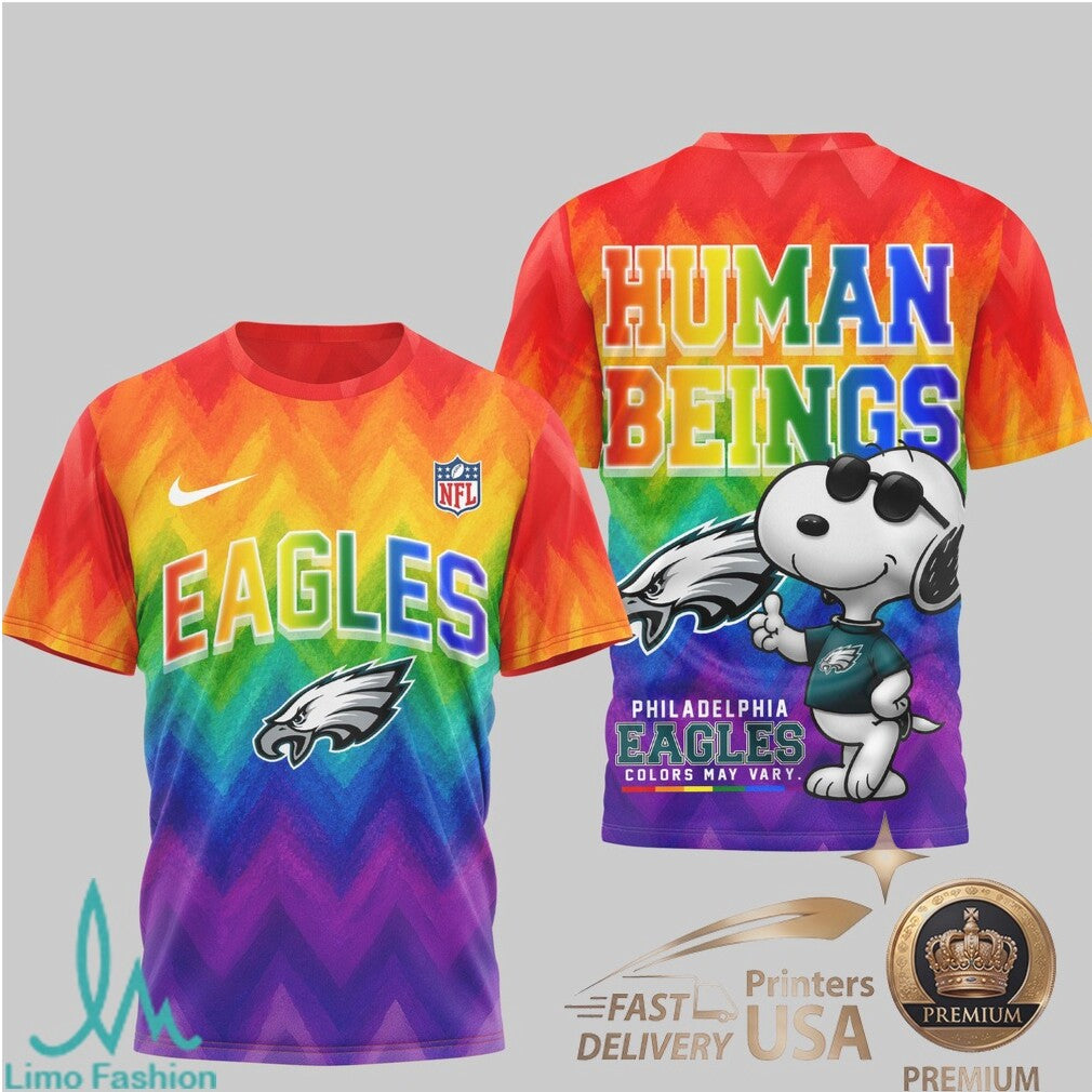 Philadelphia Eagles Snoopy Pride Rainbow T Shirt Human Beings Graphic T Shirt - Limotees LLC