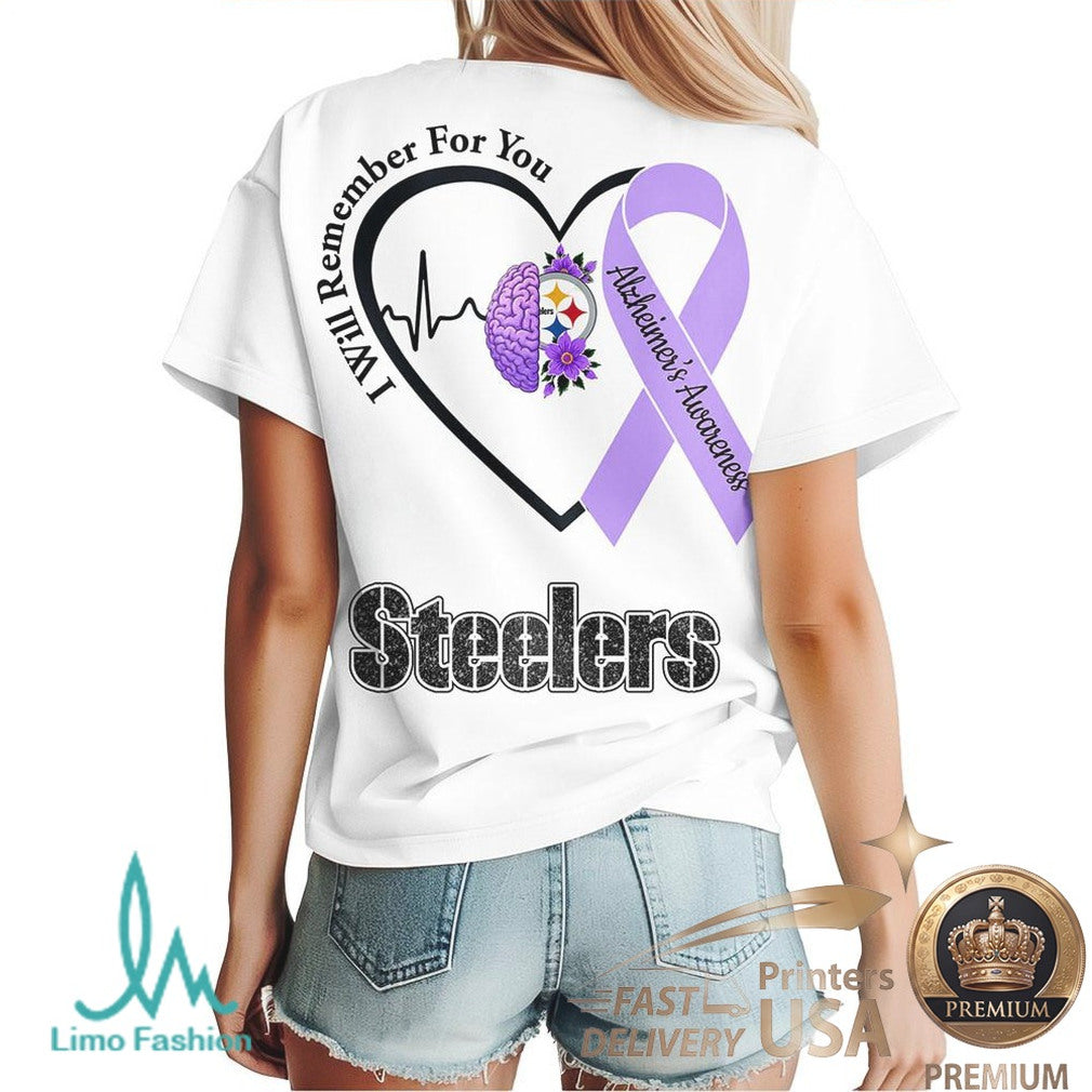 Pittsburgh Steelers Alzheimer Awareness Heartbeat I Will Remember For You T Shirt - Limotees LLC