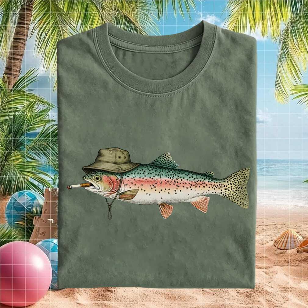 Rainbow Trout Fish Wearing Bucket Hat Smoking Cigarette Retro Fishing Humor Shirt - Limotees LLC