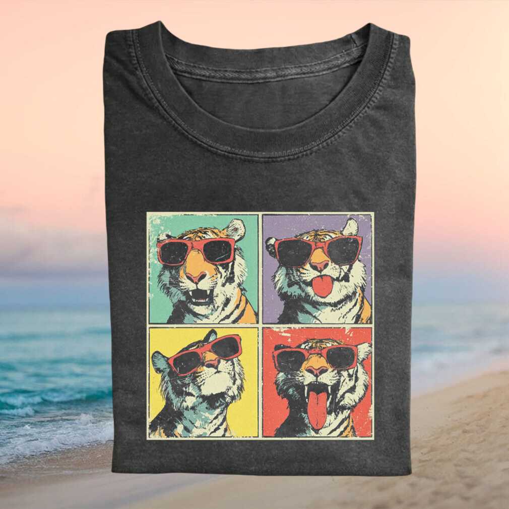Retro Pop Art Tiger Wearing Sunglasses Four Grid Animal Lovers Gift Shirt - Limotees LLC