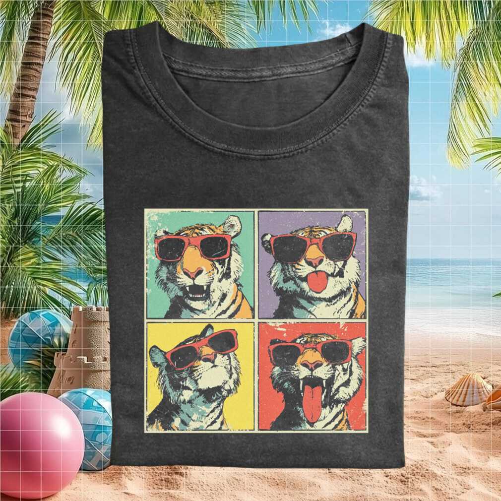 Retro Pop Art Tiger Wearing Sunglasses Four Grid Animal Lovers Gift Shirt - Limotees LLC