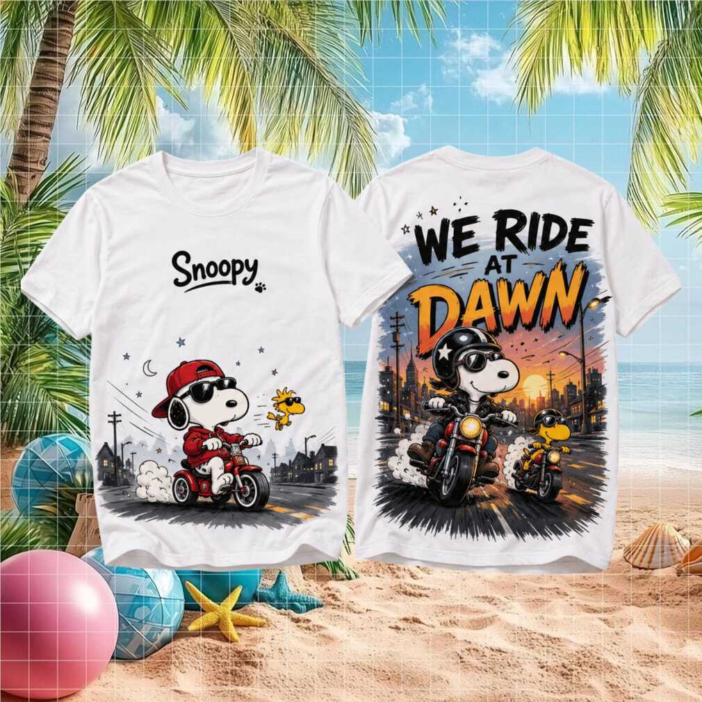Retro Snoopy We Ride At Dawn Biker Motorcycle White Unisex Fans Shirt - Limotees LLC