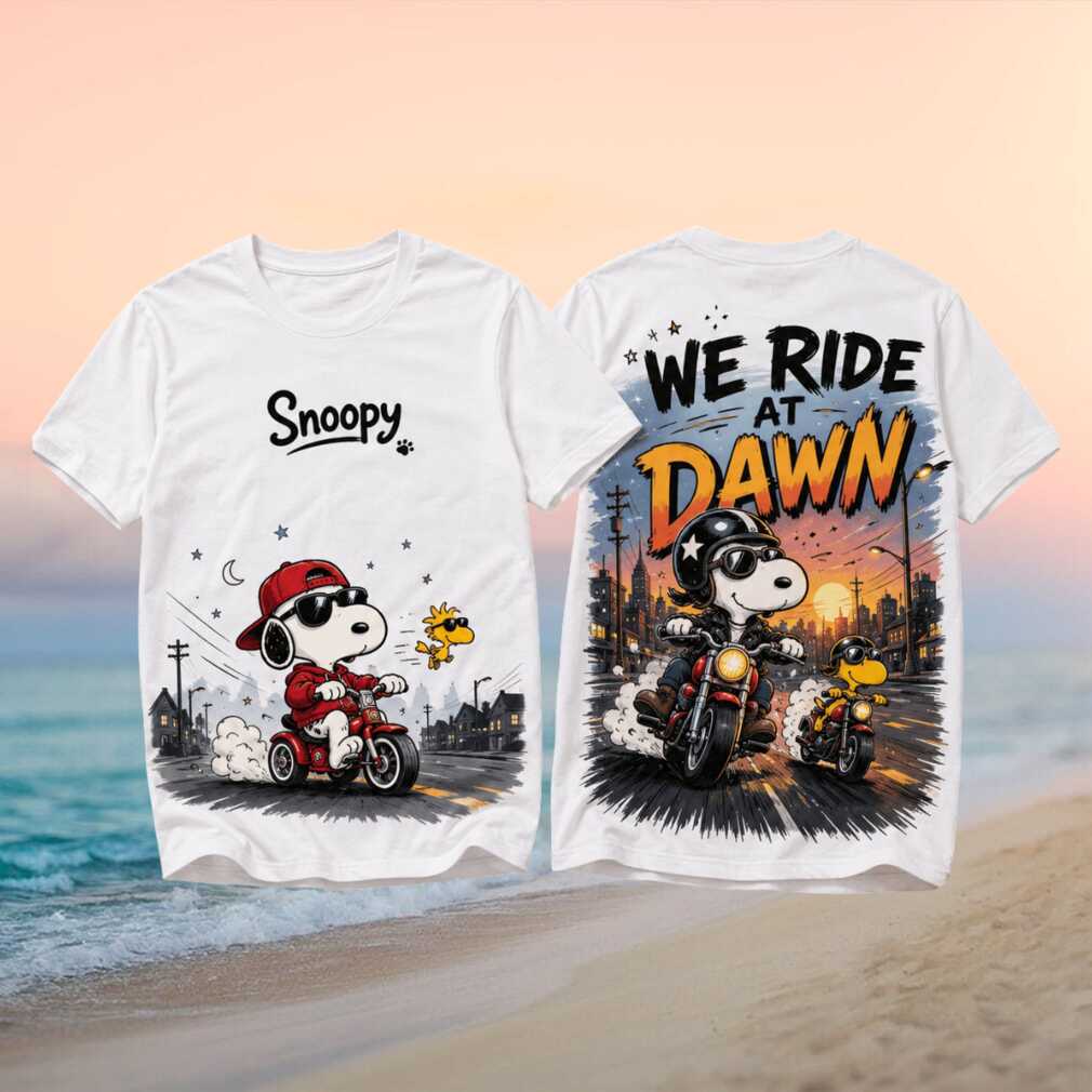 Retro Snoopy We Ride At Dawn Biker Motorcycle White Unisex Fans Shirt - Limotees LLC