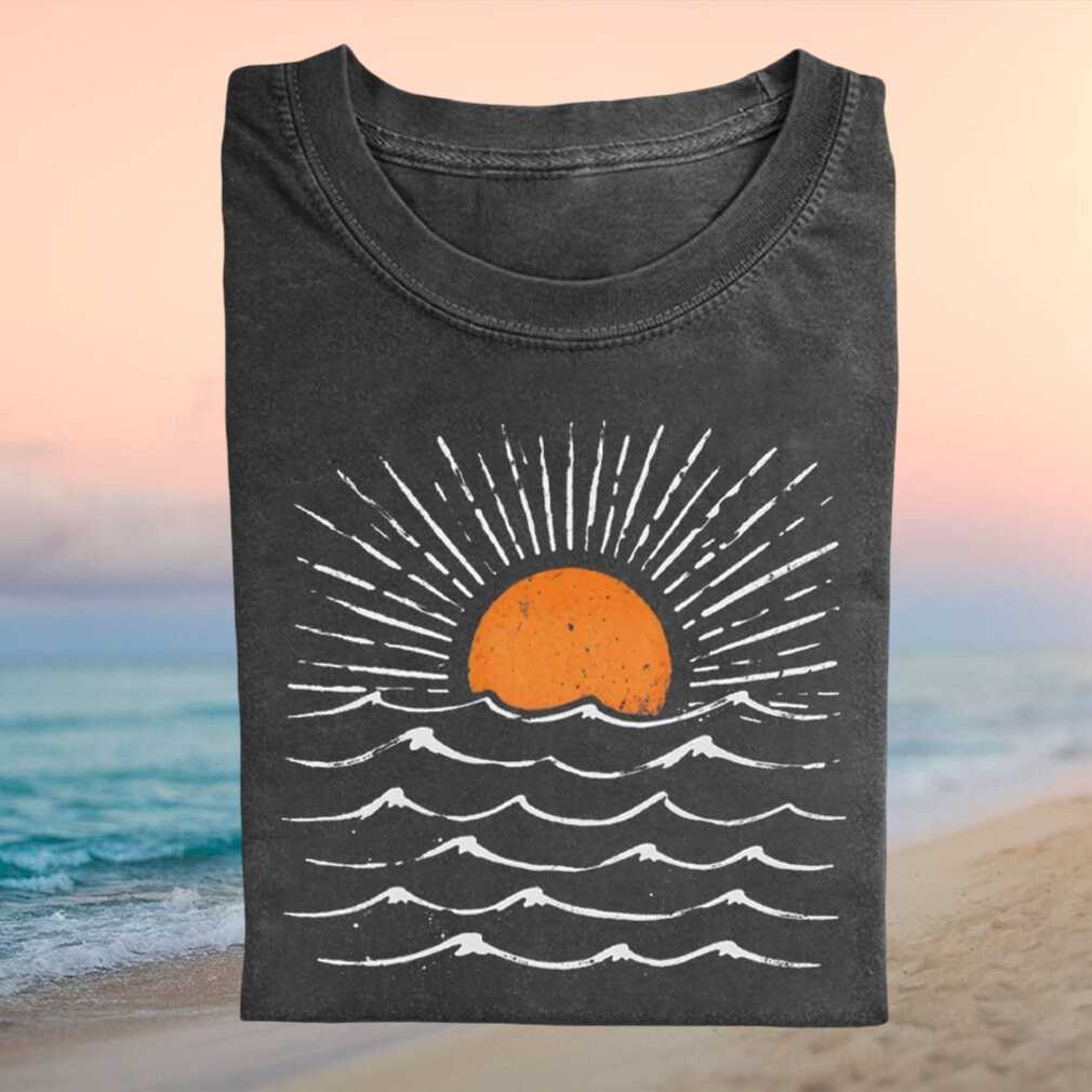 Retro Sunset Ocean Waves Minimalist Woodcut Aesthetic Outdoor Adventure Nature Enthusiasts Shirt - Limotees LLC