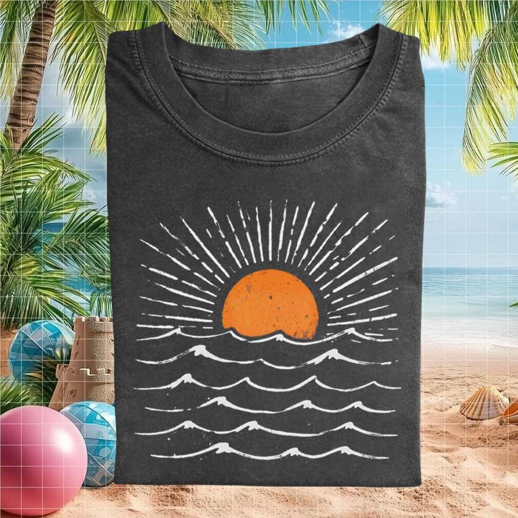 Retro Sunset Ocean Waves Minimalist Woodcut Aesthetic Outdoor Adventure Nature Enthusiasts Shirt - Limotees LLC