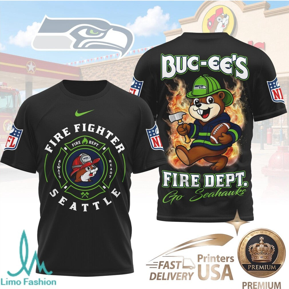 Seattle Seahawks Buc ees Mascot Firefighter Department Graphic T Shirt - Limotees LLC
