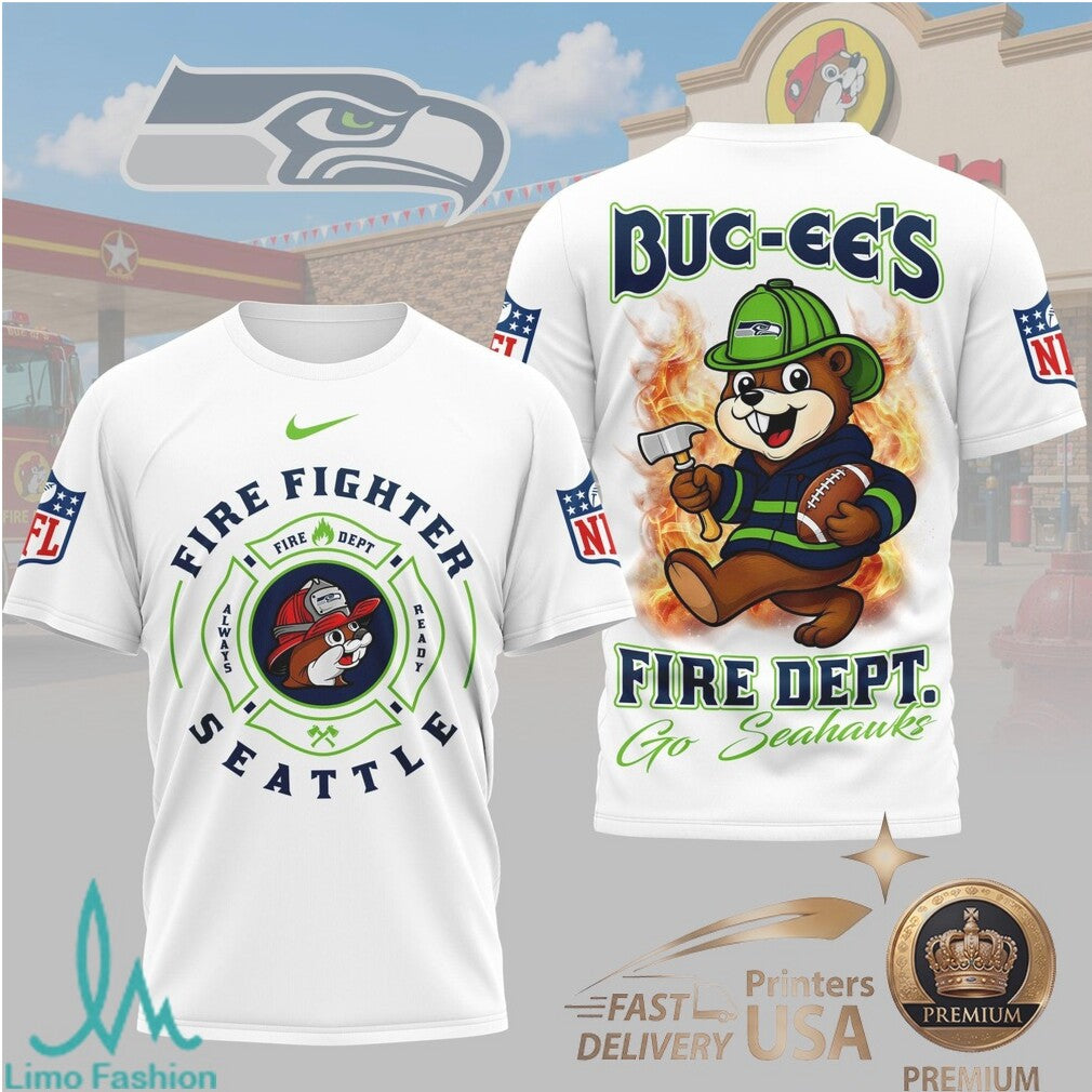 Seattle Seahawks Buc ees Mascot Firefighter Department Graphic T Shirt - Limotees LLC