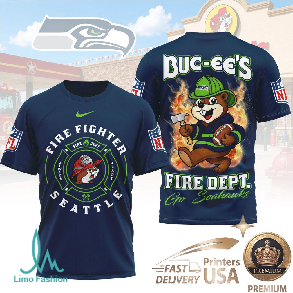 Seattle Seahawks Buc ees Mascot Firefighter Department Graphic T Shirt - Limotees LLC