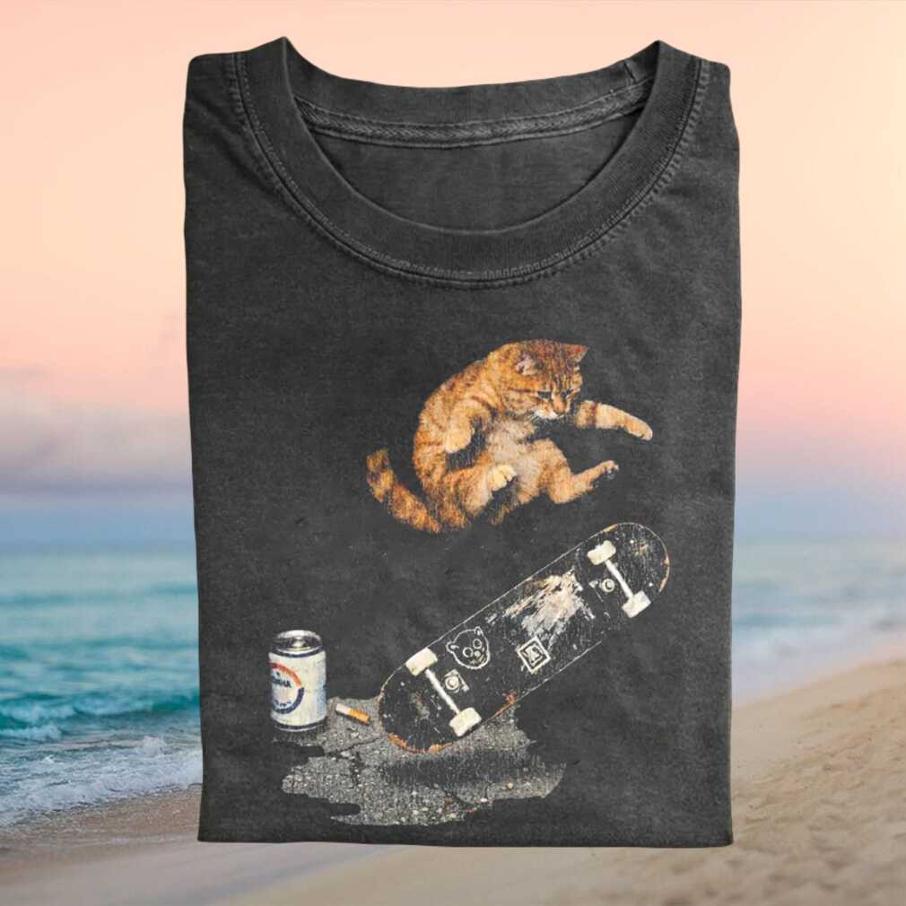 Skateboarding Cat Doing Kickflip With Beer Can Retro Vintage Streetwear For Shirt - Limotees LLC