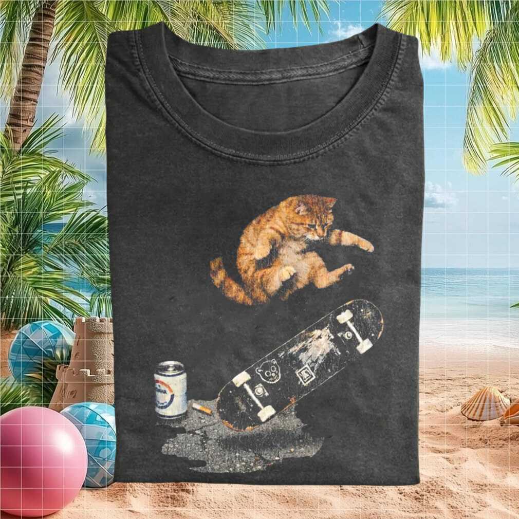 Skateboarding Cat Doing Kickflip With Beer Can Retro Vintage Streetwear For Shirt - Limotees LLC