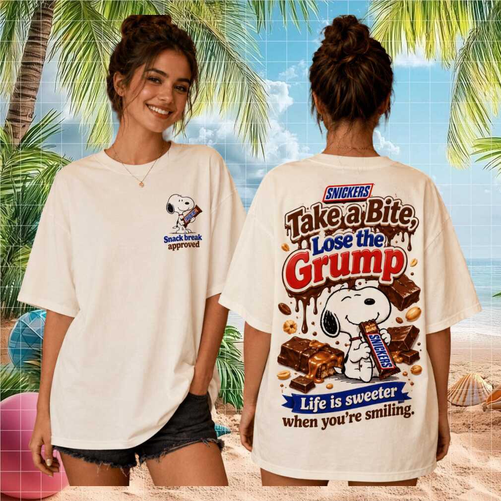 Snickers Snoopy Take A Bite Lose The Grump Chocolate Vintage Retro Candy Lovers Women Shirt - Limotees LLC