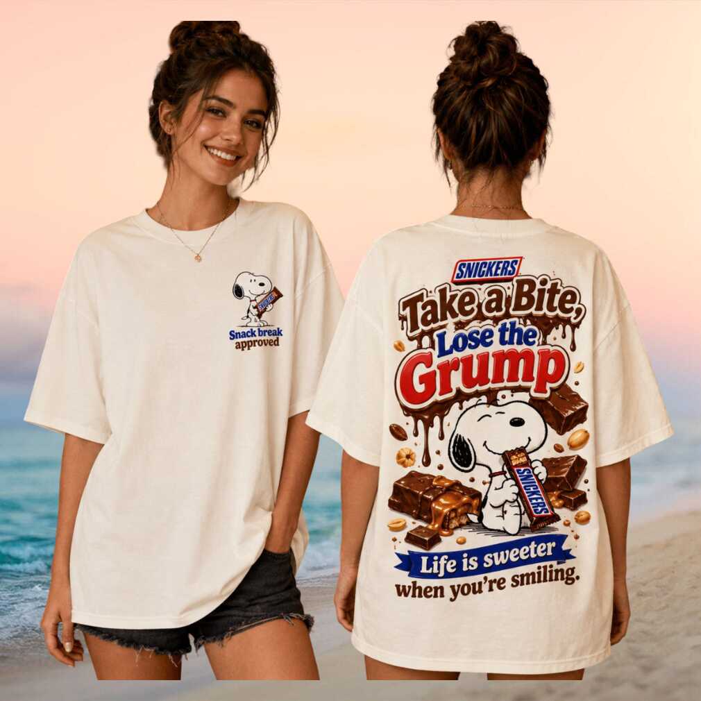 Snickers Snoopy Take A Bite Lose The Grump Chocolate Vintage Retro Candy Lovers Women Shirt - Limotees LLC