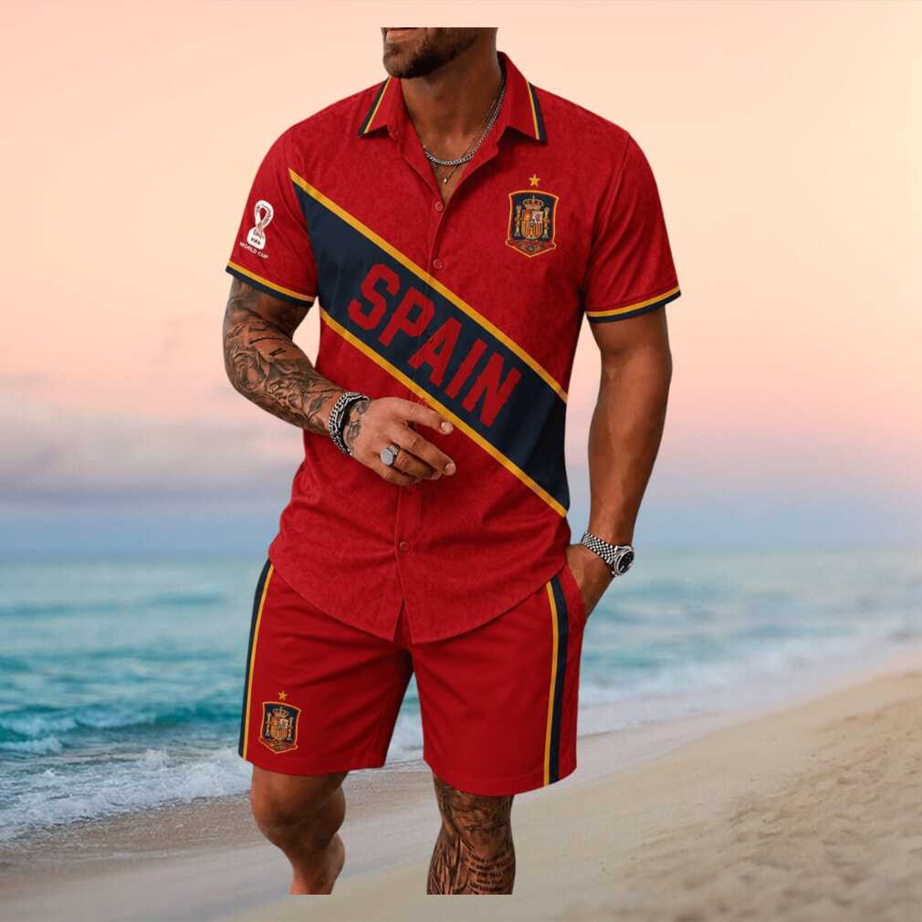 Spain Soccer Team Crest Red National Pride Men Button Shirt