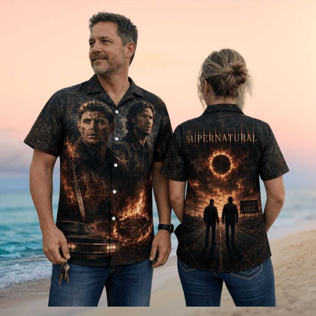 Supernatural TV Show Winchester Brothers Hell Fire Print Summer Casual Aloha Shirt