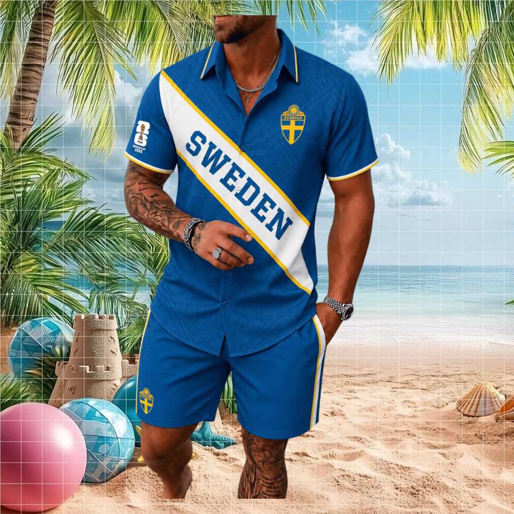 Sweden Football National Colors Shield Men Button Shirt - Limotees LLC