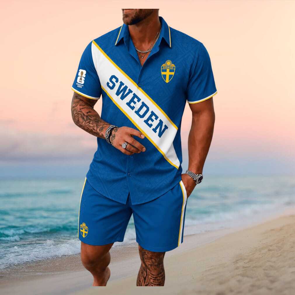 Sweden Football National Colors Shield Men Button Shirt - Limotees LLC