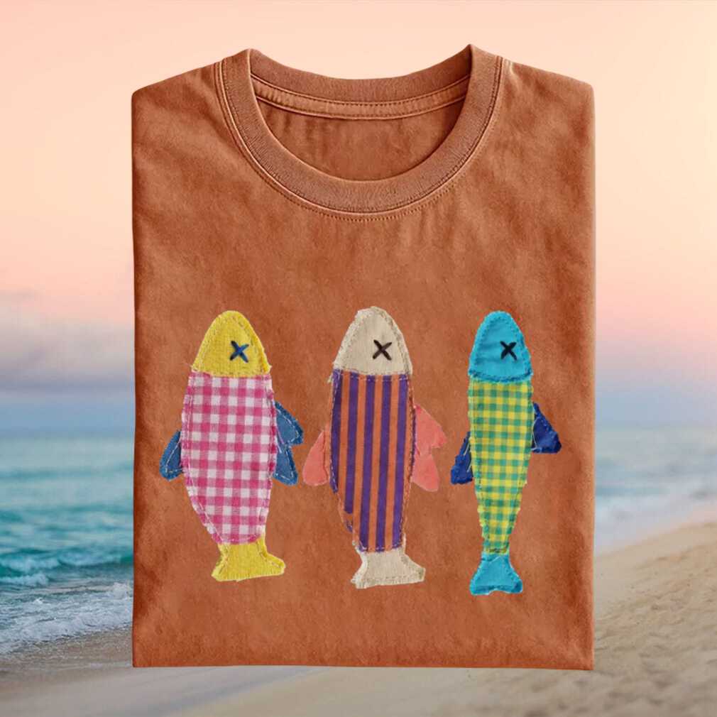 Three Patchwork Folk Art Plaid Fish Pattern Vintage Retro For Shirt - Limotees LLC