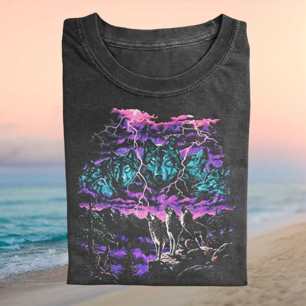 Three Wolf Moon Thunder Lightning Storm Retro Purple Nebula Mountains Wilderness Nature Fan Shirt - Limotees LLC