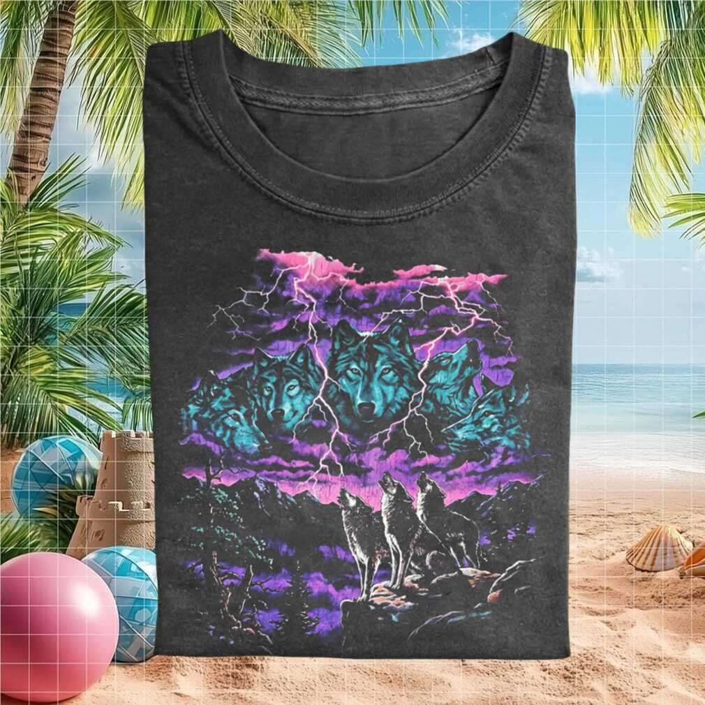 Three Wolf Moon Thunder Lightning Storm Retro Purple Nebula Mountains Wilderness Nature Fan Shirt - Limotees LLC