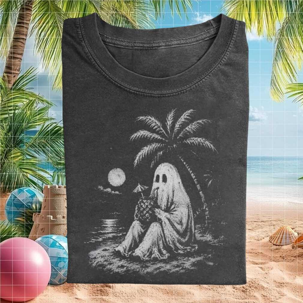 Tropical Beach Ghost Drinking Pineapple Cocktail Retro Spooky Summer Vacation Vibes Unisex Shirt - Limotees LLC
