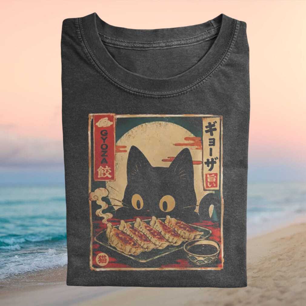 Vintage Japanese Retro Black Cat Eating Gyoza Dumplings Foodie Shirt - Limotees LLC