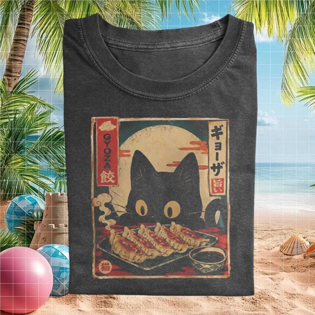 Vintage Japanese Retro Black Cat Eating Gyoza Dumplings Foodie Shirt - Limotees LLC
