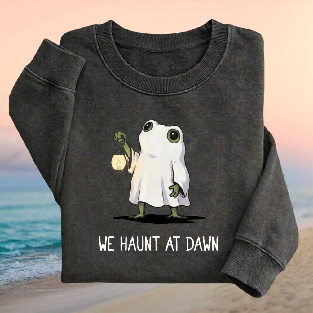 We Haunt At Dawn Ghost Frog Lantern Meme Cute Humorous Retro For Shirt - Limotees LLC