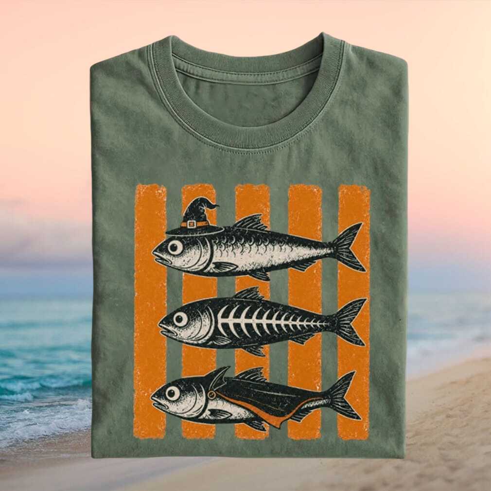 Witch Skeleton And Vampire Fish Autumn Halloween Seasonal Orange Stripe Vintage Fish Enthusiast Shirt - Limotees LLC
