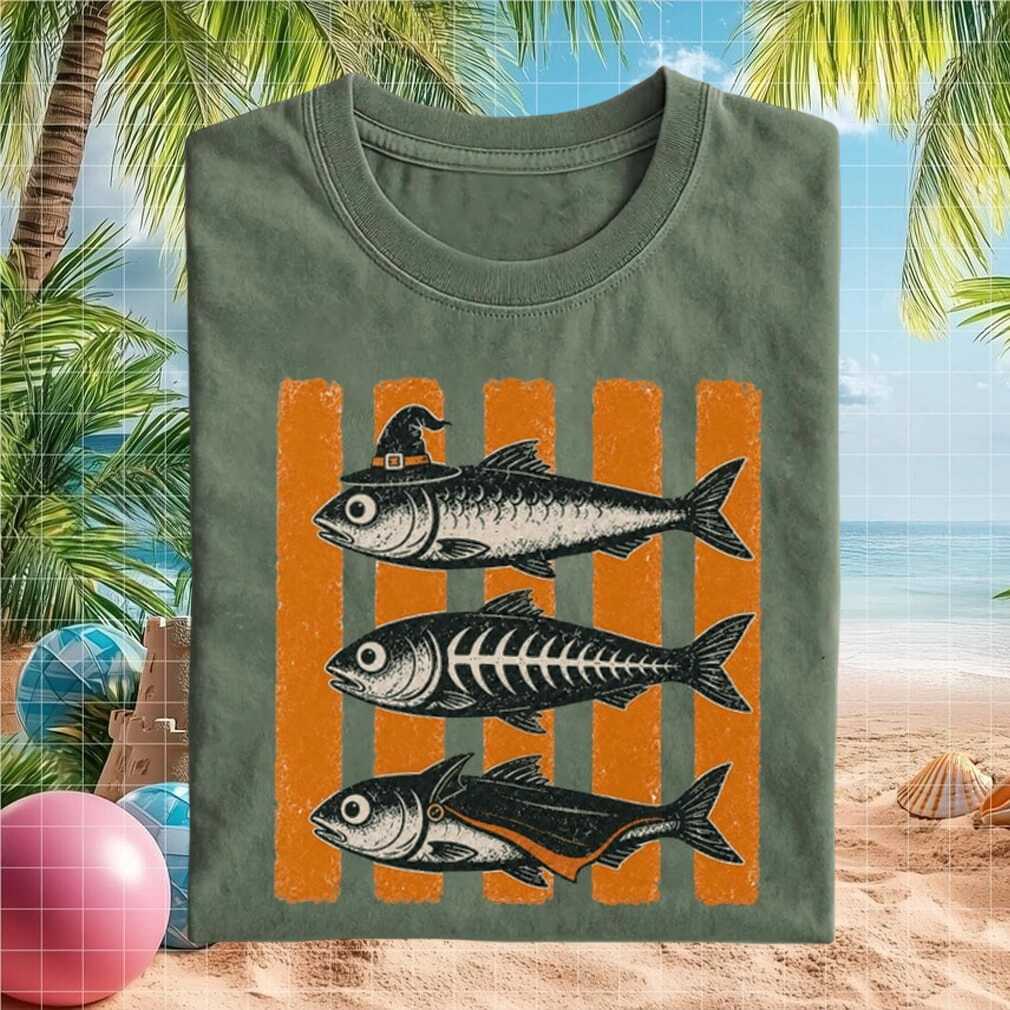Witch Skeleton And Vampire Fish Autumn Halloween Seasonal Orange Stripe Vintage Fish Enthusiast Shirt - Limotees LLC