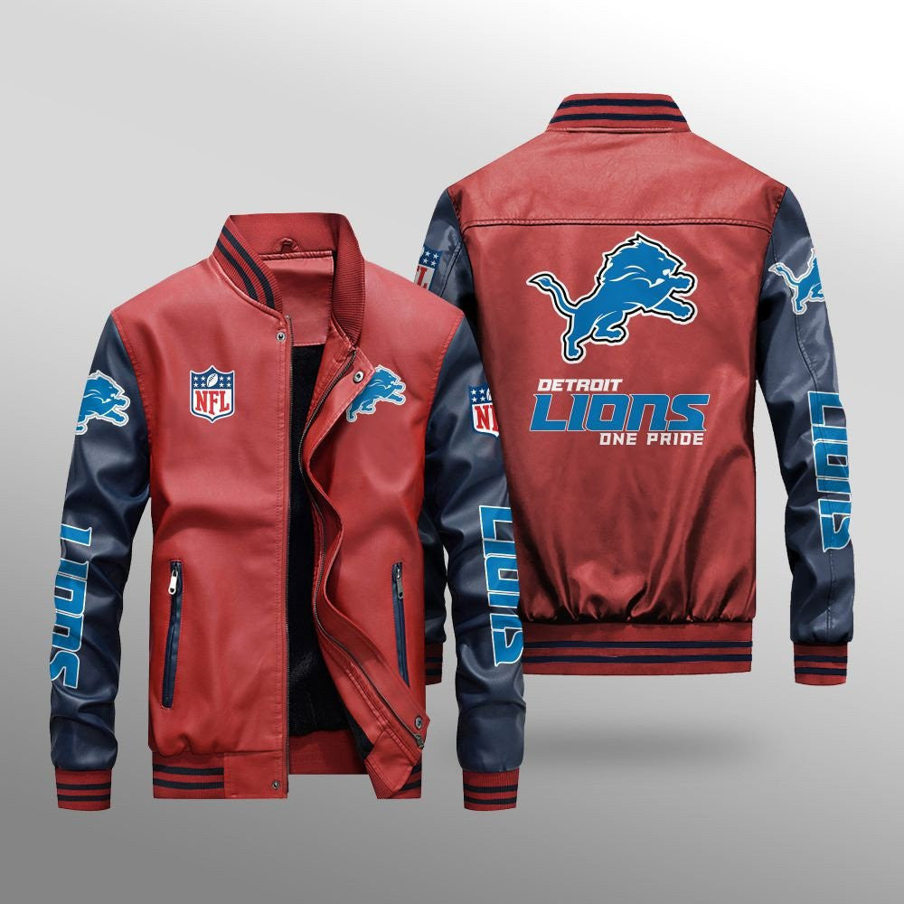 Detroit Lions Premium Fleece-Lined Leather Bomber Jacket BG42