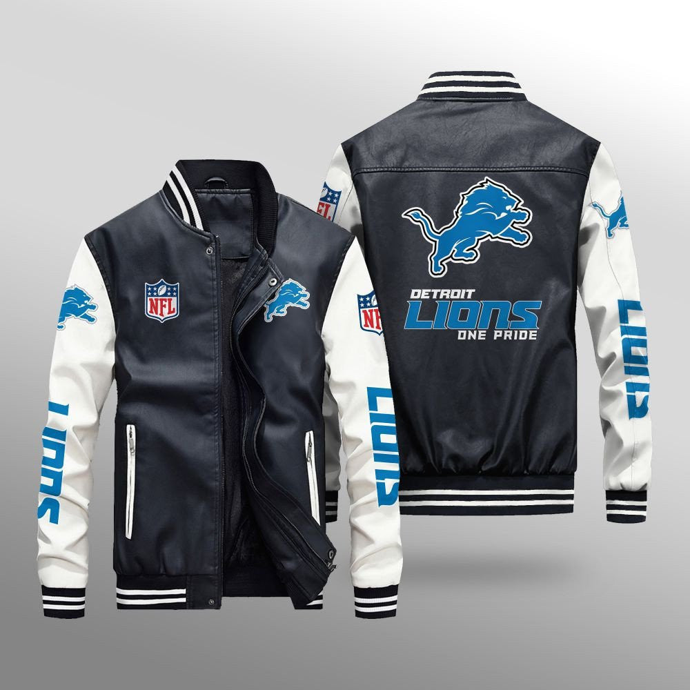 Detroit Lions Premium Fleece-Lined Leather Bomber Jacket BG42