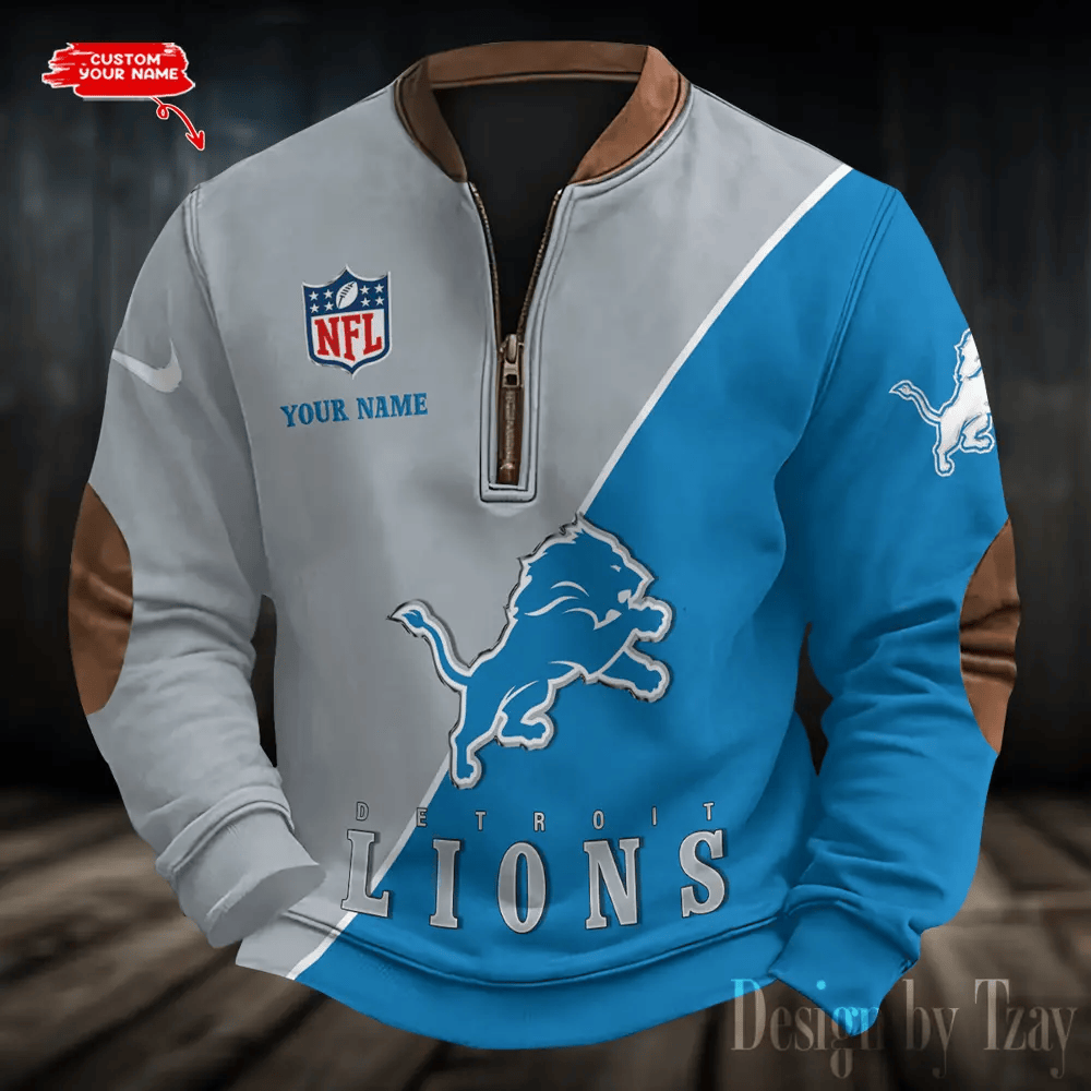 S9MPZNS139-Detroit Lions Premium Personalized Game-Day Quarter-Zip
