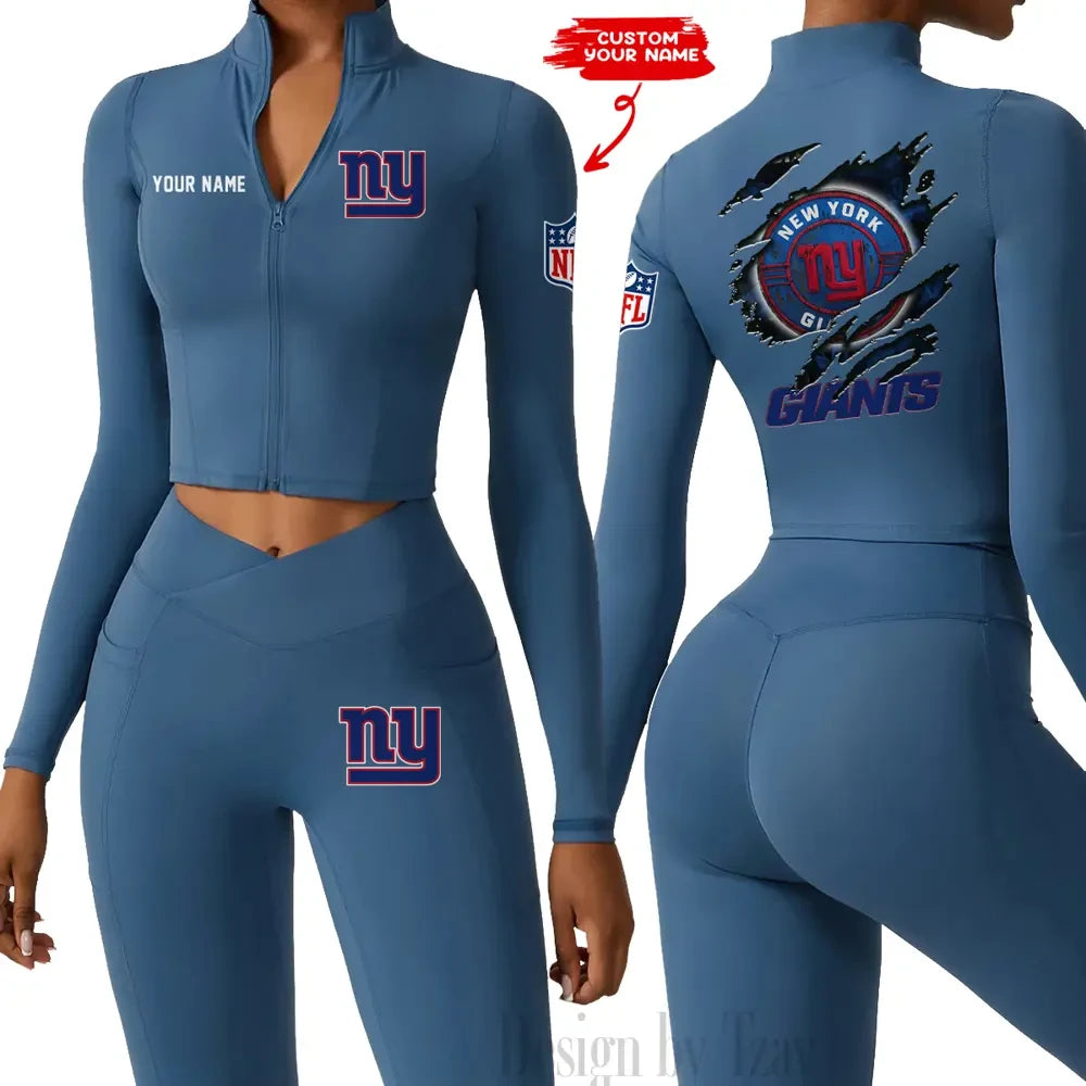 New York Giants Women Activewear Set 2 Piece Crop Jacket and High Waist Leggings SPTZSTW254
