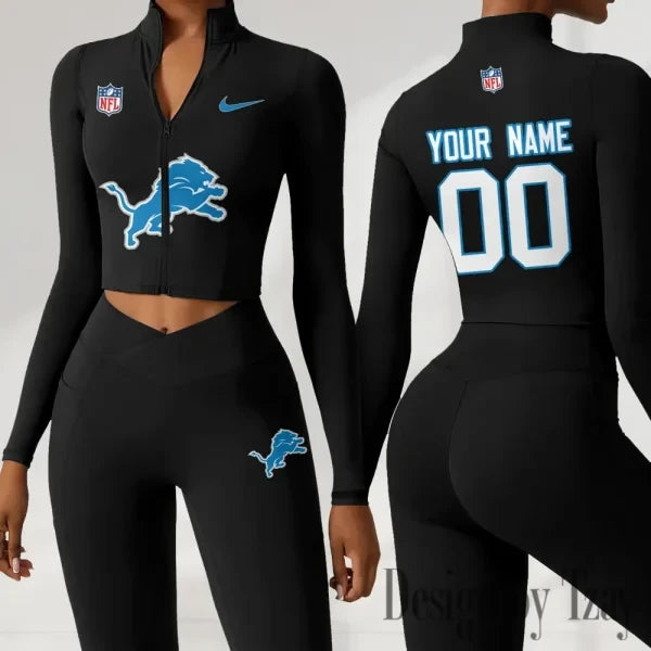 Detroit Lions Women Activewear Set 2 Piece Crop Jacket and High Waist Leggings SPTZSTW209
