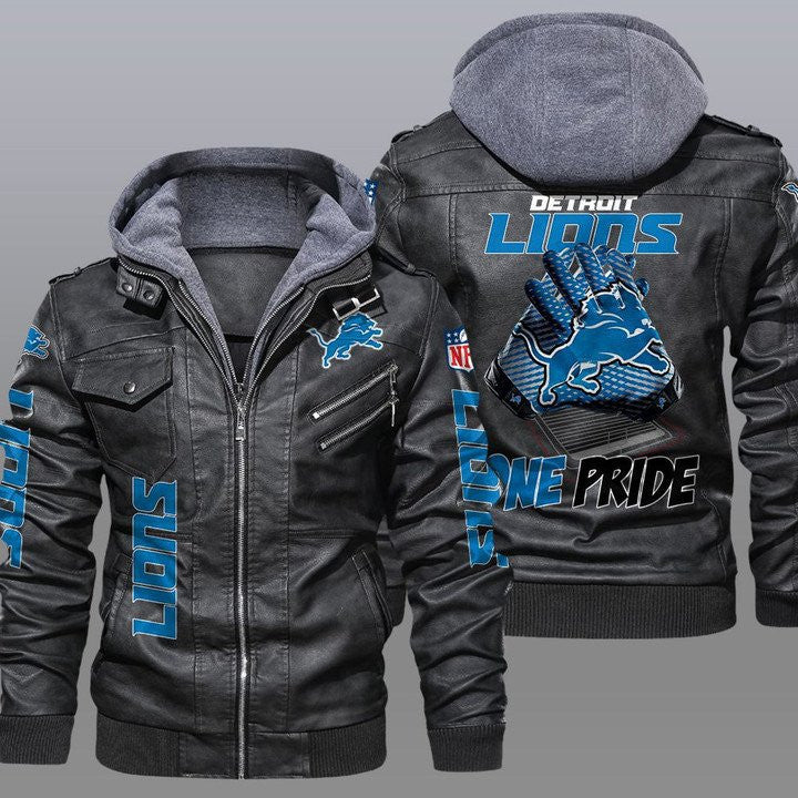Detroit Lions Premium & Ultra-Thick Leather Jacket with Fleece Hood 11