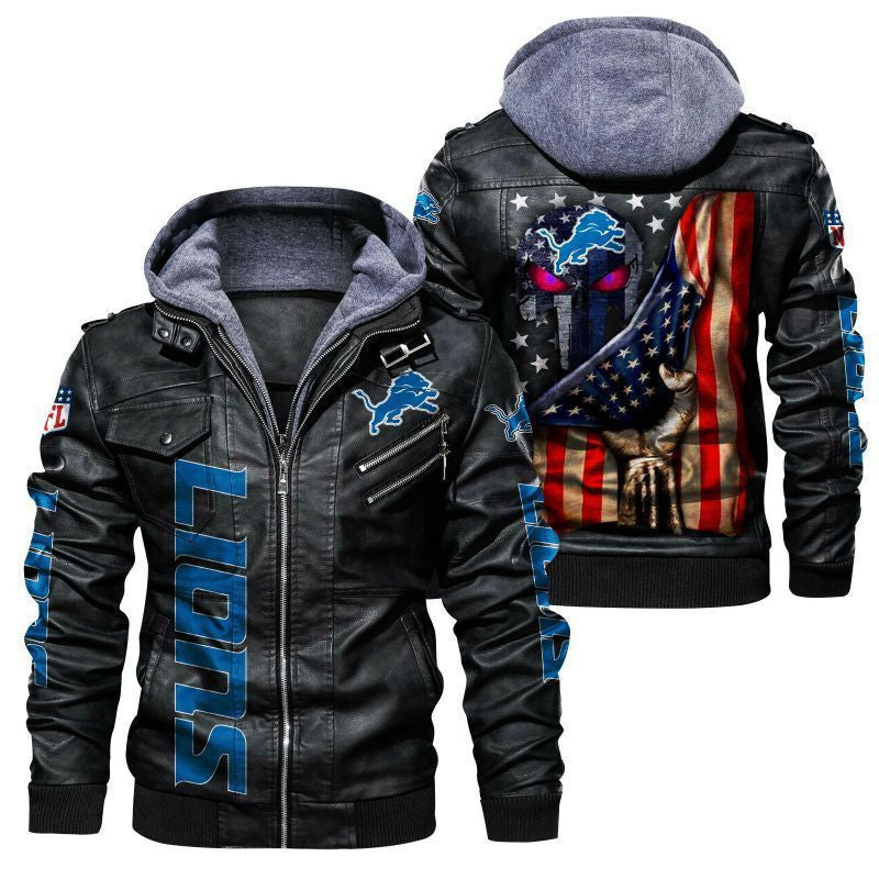 Detroit Lions HVKC159 - Premium & Ultra-Thick Leather Jacket with Fleece Hood